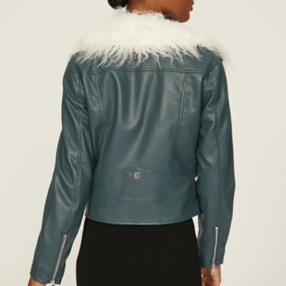 $340 NOIZE Suren Jacket faux white shearling color teal moto jacket S - Picture 3 of 13